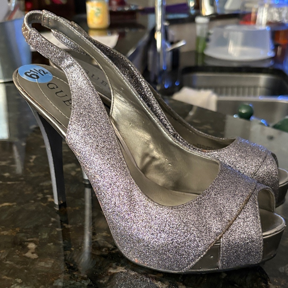 Guess Sparkling Silver Slingback Heels
